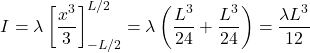 \[I = \lambda \left[ \frac{x^3}{3} \right]_{-L/2}^{L/2} = \lambda \left( \frac{L^3}{24} + \frac{L^3}{24} \right) = \frac{\lambda L^3}{12}\]