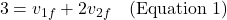 \[3 = v_{1f} + 2 v_{2f} \quad \text{(Equation 1)}\]