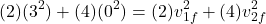 \[(2)(3^2) + (4)(0^2) = (2) v_{1f}^2 + (4) v_{2f}^2\]