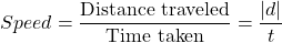 \[Speed = \frac{\text{Distance traveled}}{\text{Time taken}}=\frac{|d|}{t}\]