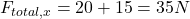 \[F_{total,x} = 20 + 15 = 35 N\]