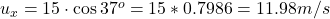 u_x = 15\cdot \cos{37^{o}} = 15 * 0.7986 = 11.98 m/s