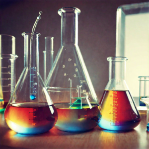 A group of beakers with different liquids on a table.