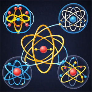 Four atoms on a dark background.