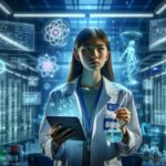 A woman in a lab coat is holding a tablet.