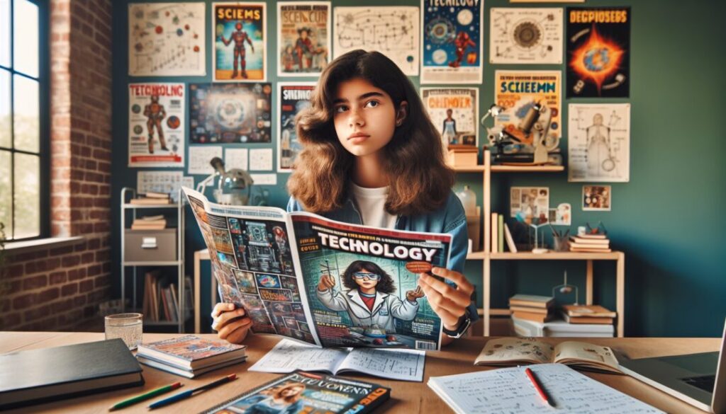 A girl reading a science magazine at her desk.