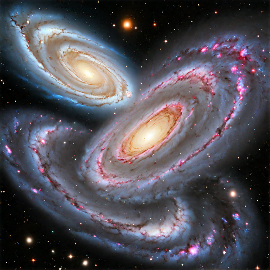 Two spiral galaxies in space collision.
