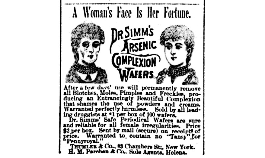 An antique advertisement for arsenic complexion wafers, reflecting historical use of arsenic in cosmetics.