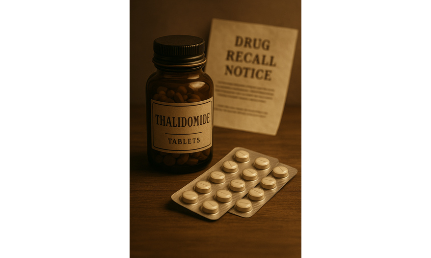 An AI-generated image depicting a thalidomide bottle alongside a drug recall notice, symbolizing its controversial history. Thalidomide is one of the examples of poisons turned into medicine.