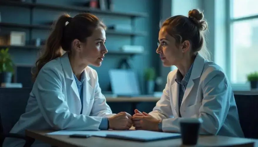 Female scientist guiding a teenage girl through a chemistry experiment in a well-lit laboratory.