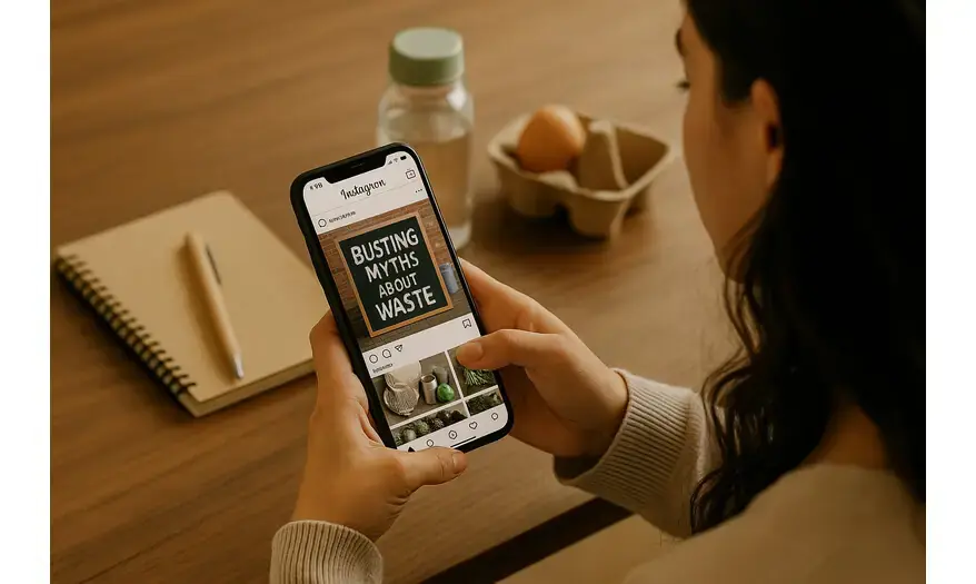 Young woman holding a phone displaying an Instagram post titled “Busting Myths About Waste,” seated at a table with sustainable lifestyle items.